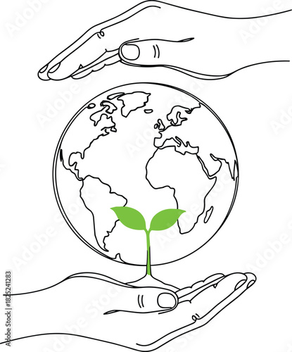Hands gently cradling a thriving planet Earth, symbolizing global environmental protection, sustainable growth, and the vital role of human care in nurturing nature and fostering a greener future