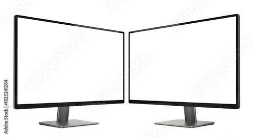 Two modern computer display monitors with blank white screen facing each other, isolated on transparent background