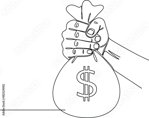 Hand holding a money bag with a dollar sign, symbolizing wealth and financial gain