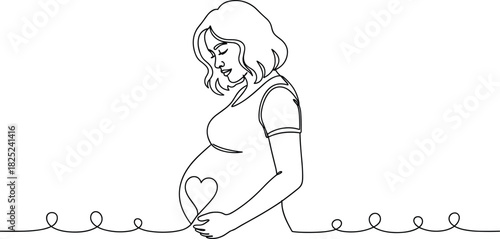 A single continuous line drawing of a pregnant woman lovingly holding her belly with a heart symbol, representing motherhood and new life