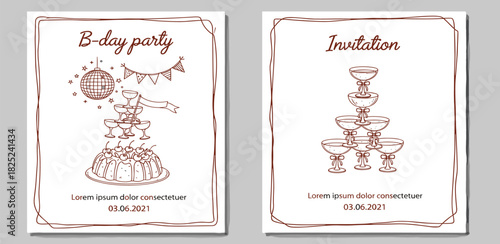 Elegant B-Day Party & Invitation Card Template Set with Champagne Tower Illustration