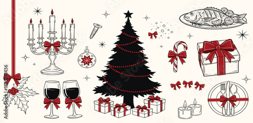 Festive Holiday Illustration Set Christmas Tree, Gifts, Candles, and Decorations