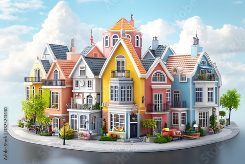 Vibrant residential community coastal town digital art sunny environment aerial view whimsical architecture