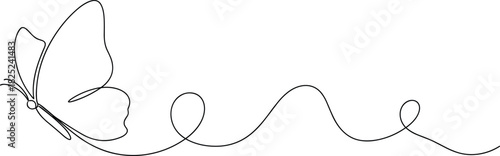 Elegant continuous line art capturing the delicate flight of a butterfly, symbolizing grace, freedom, and artistic simplicity in a modern graphic design context