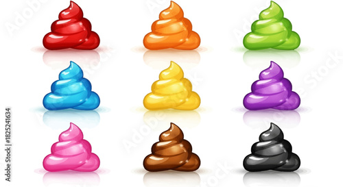 Nine glossy spiralshaped forms displayed on a reflective surface in red orange green blue yellow purple pink brown and black