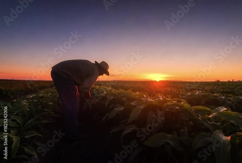 A Farmer's Sunset Harvest: A farmer working in the field at sunset, cultivating the land with the warm, golden glow casting long shadows and creating a peaceful ambiance.