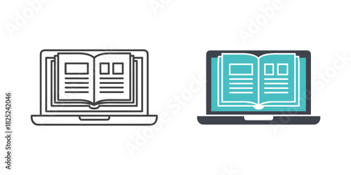 Set of two icons representing an open book displayed on a laptop screen, one in outline style and one in flat color style, isolated on