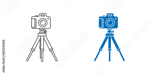 Set of two camera on tripod icons, one outline and one solid blue, representing photography equipment isolated on