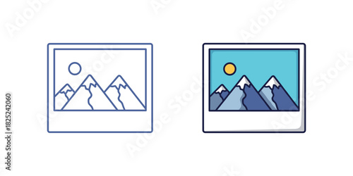 Set of two vector icons representing a photograph or picture frame with mountains and sun, one outline style and one colored style, isolated on