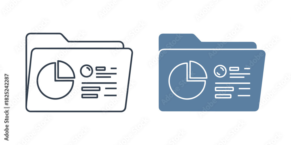 Obraz premium Two styles of data folder icon featuring a pie chart and document lines, one outline and one solid blue, representing business report storage and analytics information isolated on