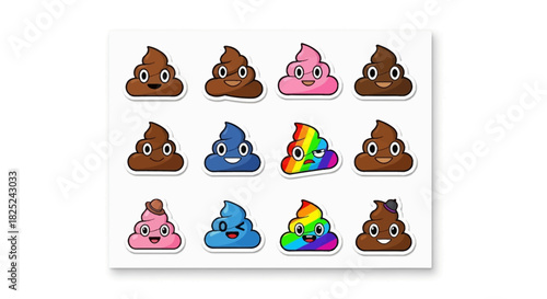 Twelve poop emojis in a grid on white various colors and expressions