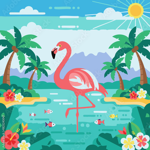 vibrant tropical flamingo island scene