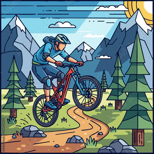 downhill mountain biker alpine trail illustration