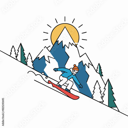 line art snowboarder on a sunny mountain