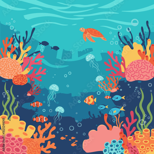 vibrant cartoon coral reef ecosystem