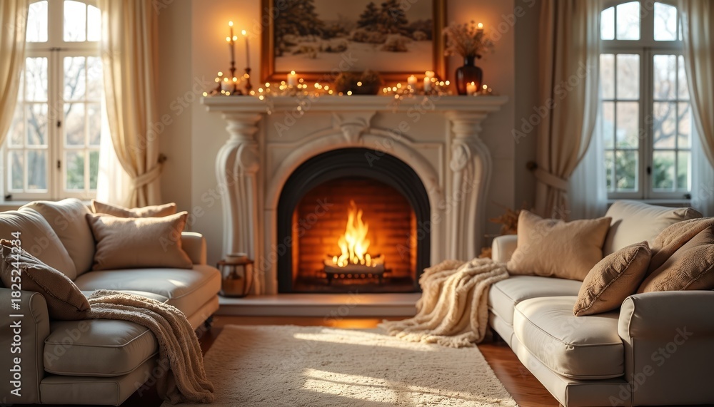 Naklejka premium Fireplace crackles with warm light in cozy living room. Sofas draped with blankets invite relaxation. Candles glow, creating serene, inviting atmosphere. White curtains frame windows, showing soft