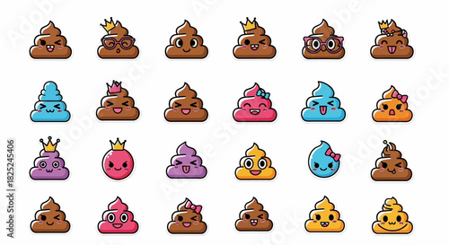 Cartoon poop emoji stickers in a grid on a white background