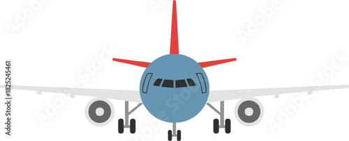 Flat Simple Airplane Front View Illustration with Red Tail and Wings
