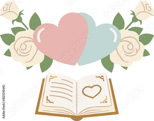 Flat Design Heart and Rose Romantic Decoration with Open Book Illustration