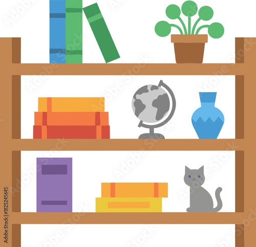 Simple Flat Style Bookshelf Interior with Cat and Decoration Illustration