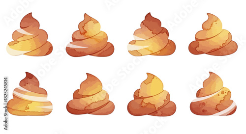 Eight cartoon turds arranged in a twobyfour grid