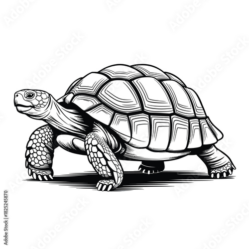 Detailed black and white sketch of a tortoise walking
