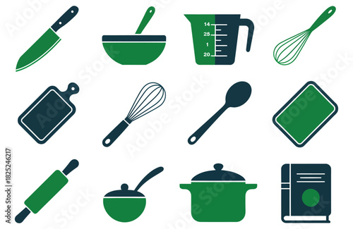 Kitchen utensil icons vector illustration set for cooking and food preparation isolated on white background