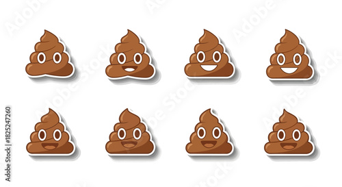 Row of cartoon poop emojis with varying expressions isolated on a white backdrop