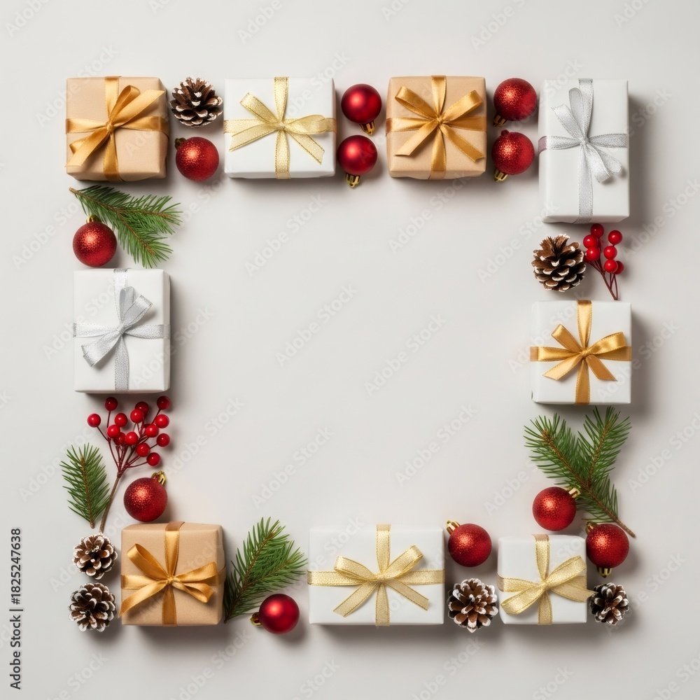 Obraz premium Christmas gift box frame with ornaments, pine cones, and fir branch on a white background for holiday greeting card or banner template.