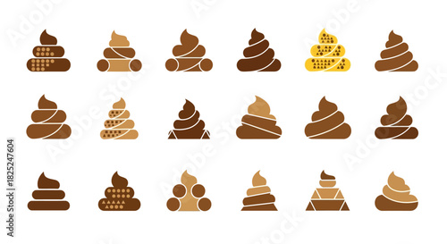 Array of fifteen brown poop emojis with unique texturespatterns on a white background