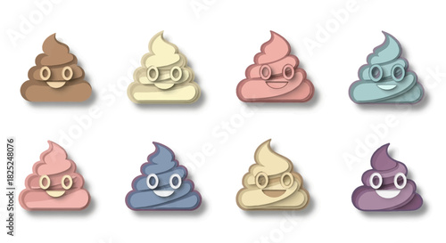 Array of eight smiling poop emojis in varying pastel colors on a white background casting shadows