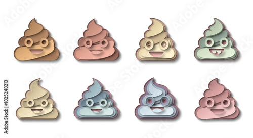 Eight colorful smiling poop emojis arranged in two rows rendered with a textured layered paper style