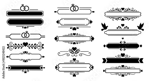 Set of blank vintage ribbons and frames for marriage design. Elegant black dividers with calligraphy scrolls and romantic symbols for greeting cards.