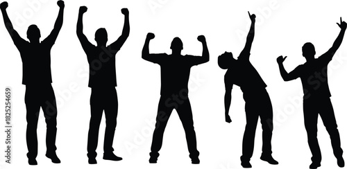 Group of ecstatic men celebrating success or victory with hands raised in the air silhouette collection vector illustration team spirit cheer freedom