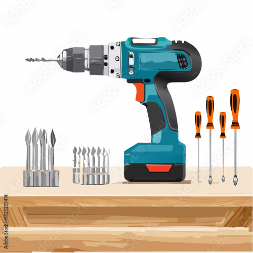 Cordless Drill and Screwdriver Set on Wooden Table.
