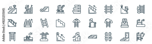 modern linear ladder icon set. vector thin line outline symbols for ui/ux app and web interfaces. minimal stroke collection including ladder, ladder,