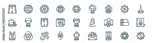 modern linear international day of icon set. vector thin line outline symbols for ui/ux app and web interfaces. minimal stroke collection including anahata, yoga ball, ashoka,  , calendar, book,