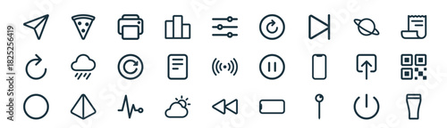 modern linear ui icon set. vector thin line outline symbols for ui/ux app and web interfaces. minimal stroke collection including power, pizza, printer, planet, reader, qr code, back, pint.