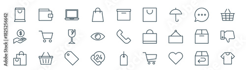 modern linear ecommerce icon set. vector thin line outline symbols for ui/ux app and web interfaces. minimal stroke collection including return, wallet, laptop, comment, eye, dislike, label, tshirt.