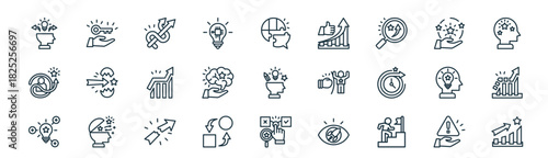 modern linear opportunity icon set. vector thin line outline symbols for ui/ux app and web interfaces. minimal stroke collection including risk, opportunity, flexibility, opportunity, ingenuity,