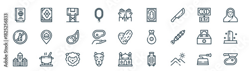 modern linear eid aladha icon set. vector thin line outline symbols for ui/ux app and web interfaces. minimal stroke collection including eid al adha, quran, drum, zakat, qurbani, eid al adha,