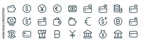 modern linear finance icon set. vector thin line outline symbols for ui/ux app and web interfaces. minimal stroke collection including bank, cash money, japanese yen, coins, wallet, card payment,