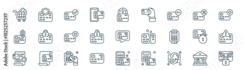 modern linear credit card icon set. vector thin line outline symbols for ui/ux app and web interfaces. minimal stroke collection including bank, protection, approve, interest rate, unlock, error,