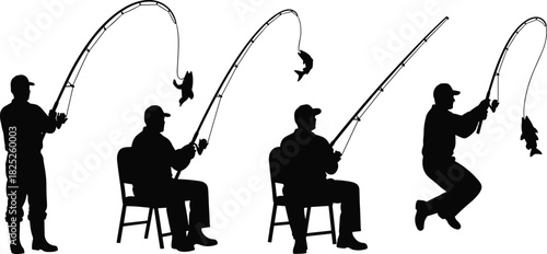 Set of four fisherman silhouettes catching fish with fishing rod vector illustration collection of outdoor hobby activity men reeling in big catch