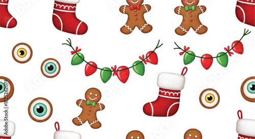 Festive Christmas Pattern with Stockings Gingerbread Men and Ornaments.