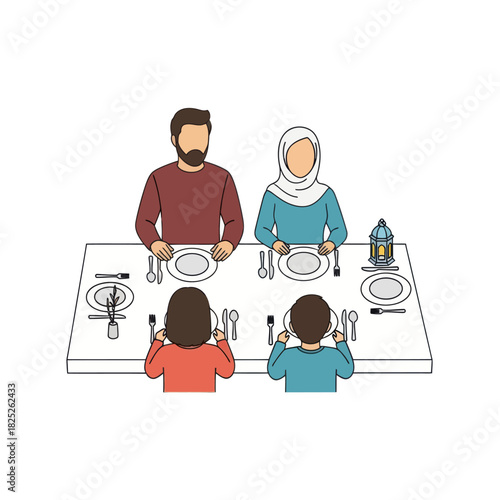 Muslim Family Sitting at Dining Table Waiting for Iftar Meal