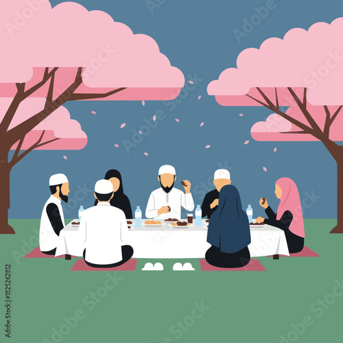 Muslim Family Breaking Fast (Iftar) Under Pink Cherry Blossom Trees