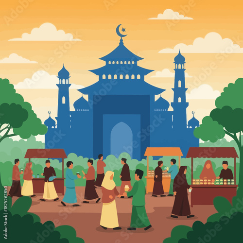 Ramadan Takjil Market Crowd with Oriental Style Mosque Gate Silhouette
