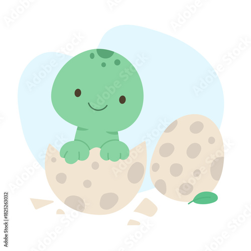 Cute baby dinosaur hatching from spotted egg with happy smile, dinosaur illustration symbolizing new life and discovery, perfect for nursery prints, toys, educational art and playful children s design