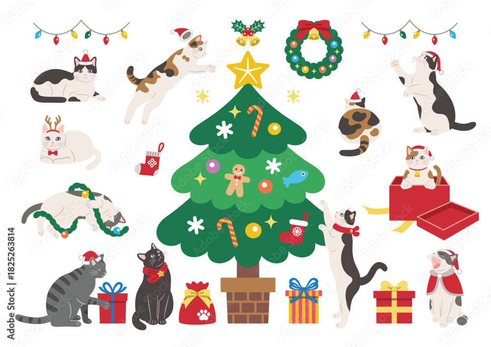 Obraz premium クリスマスを楽しむかわいい猫のイラスト